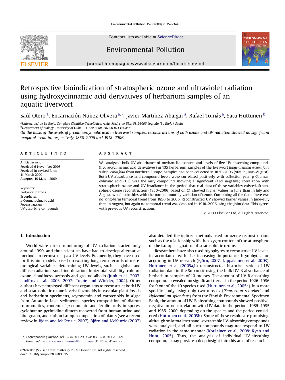 Retrospective bioindication of stratospheric ozone and ultraviolet radiation using hydroxycinnamic acid derivatives of herbarium samples of an aquatic liverwort