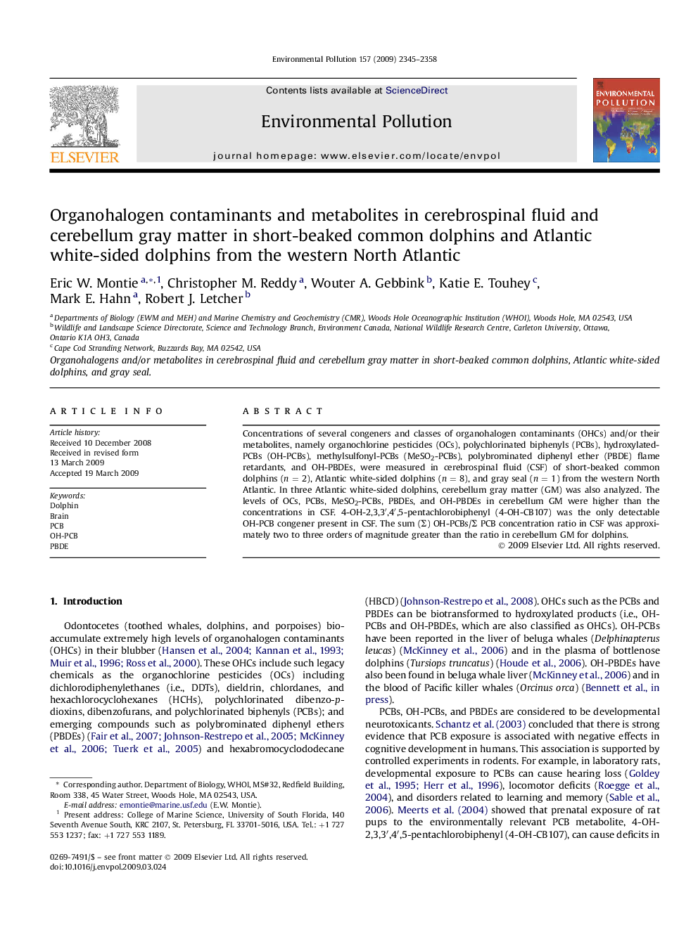 Organohalogen contaminants and metabolites in cerebrospinal fluid and cerebellum gray matter in short-beaked common dolphins and Atlantic white-sided dolphins from the western North Atlantic