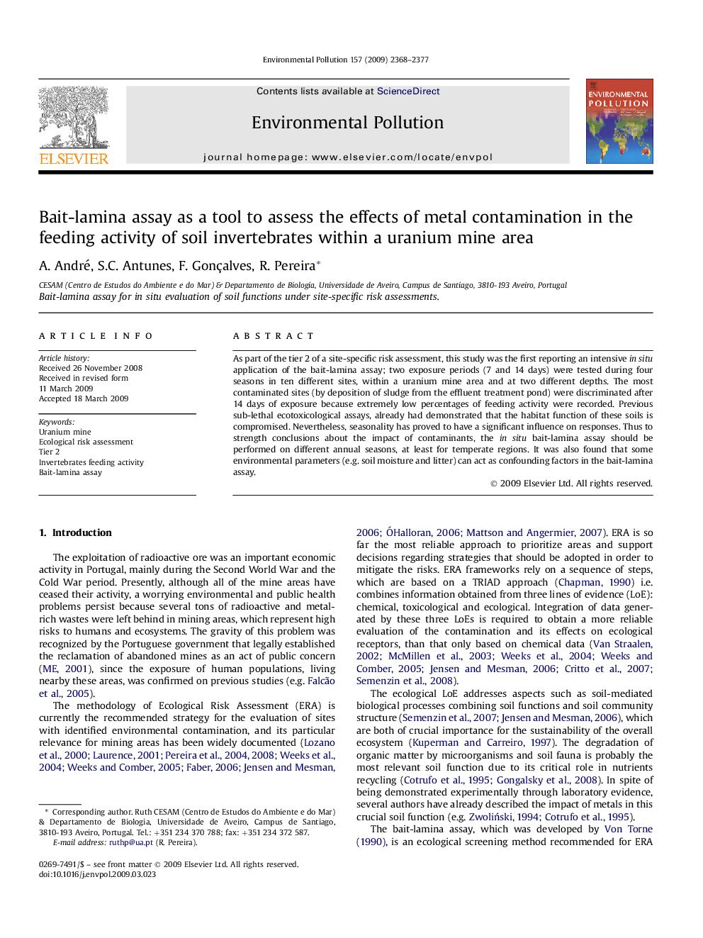 Bait-lamina assay as a tool to assess the effects of metal contamination in the feeding activity of soil invertebrates within a uranium mine area