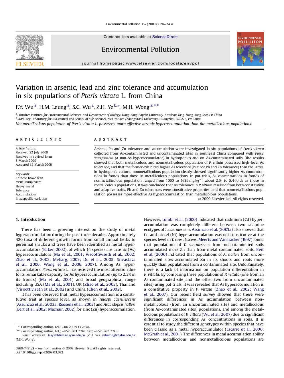 Variation in arsenic, lead and zinc tolerance and accumulation in six populations of Pteris vittata L. from China