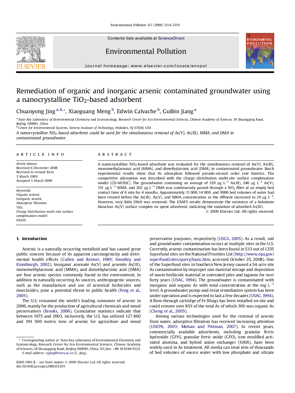 Remediation of organic and inorganic arsenic contaminated groundwater using a nanocrystalline TiO2-based adsorbent