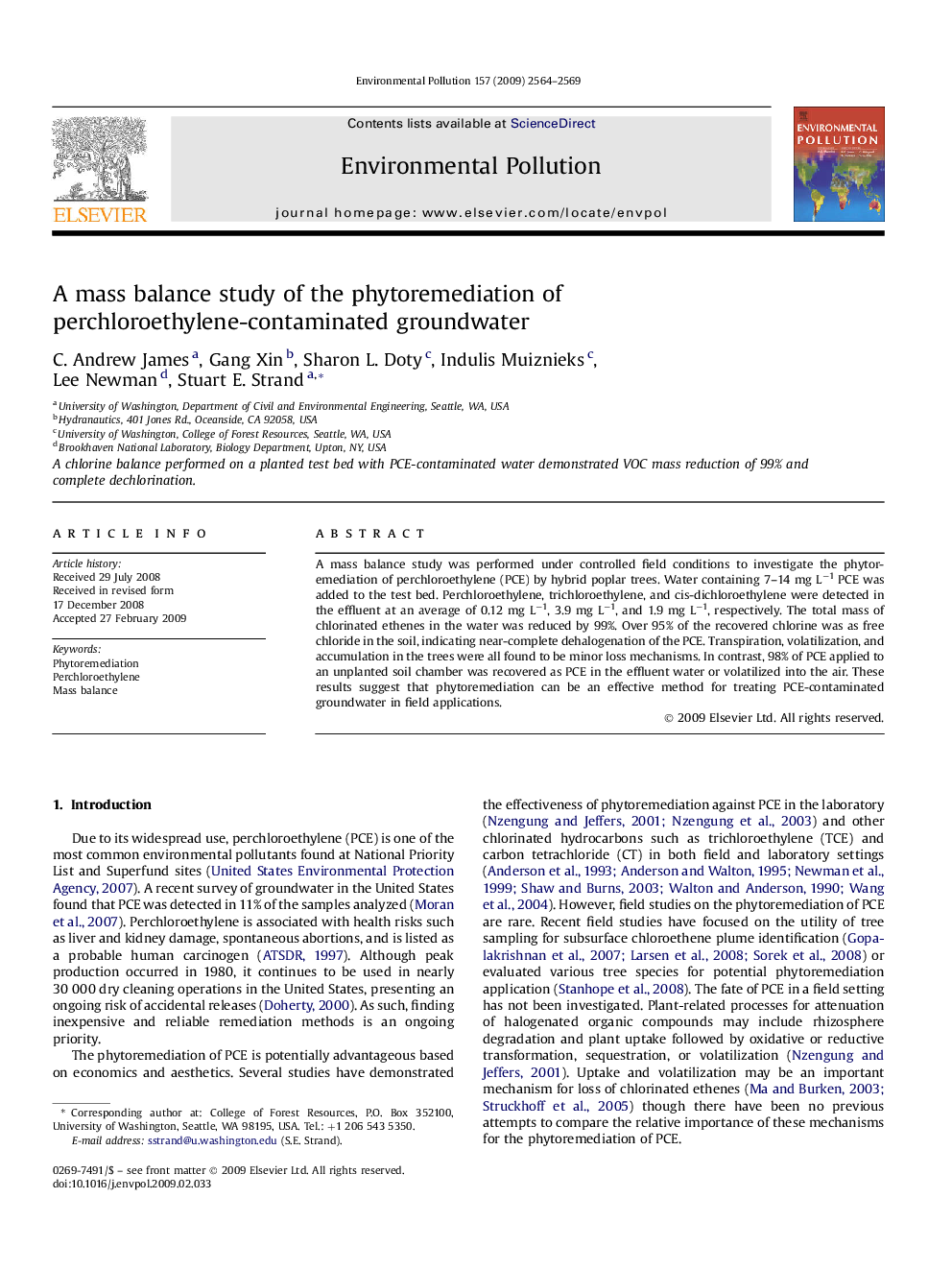 A mass balance study of the phytoremediation of perchloroethylene-contaminated groundwater