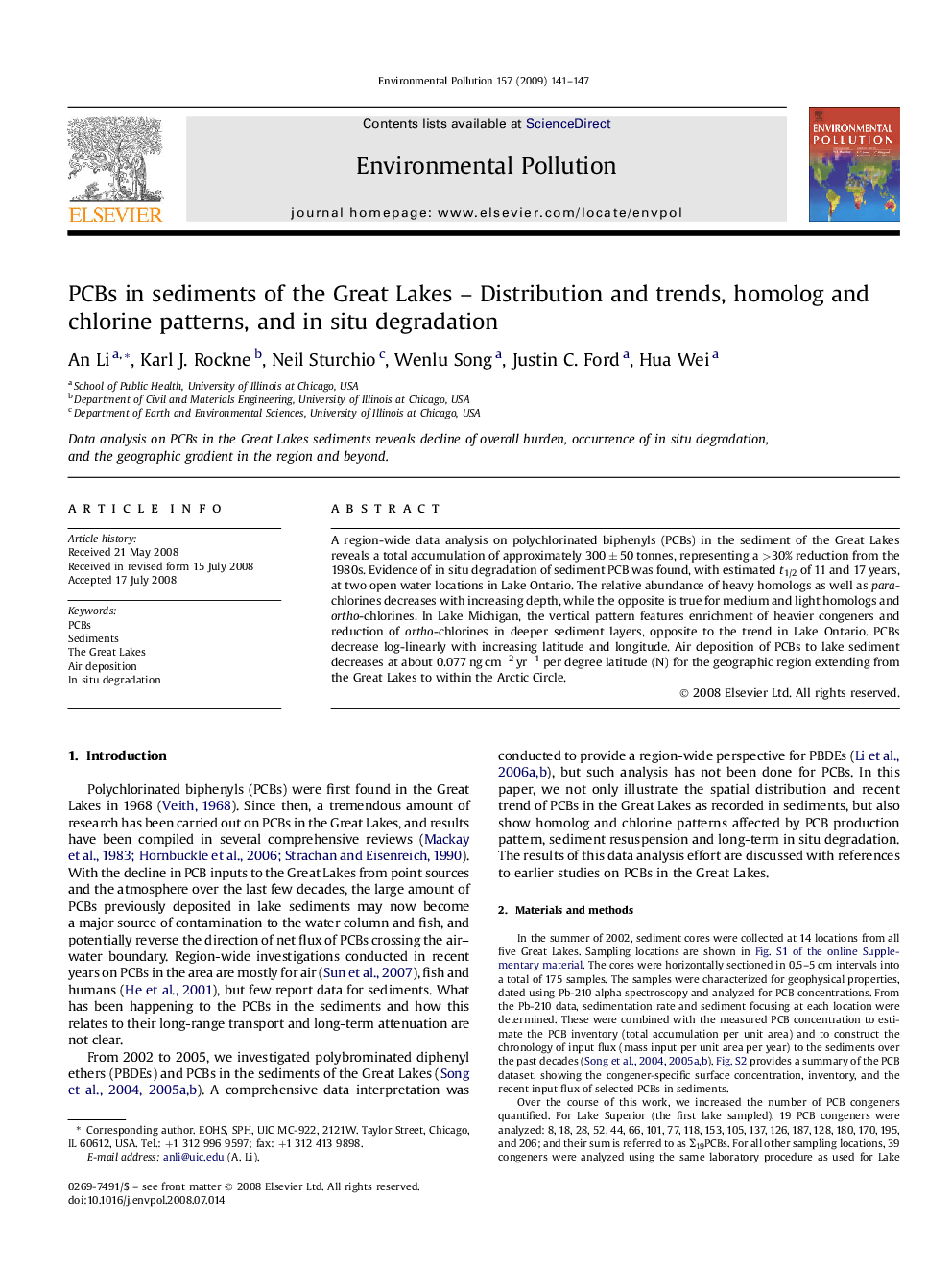 PCBs in sediments of the Great Lakes – Distribution and trends, homolog and chlorine patterns, and in situ degradation