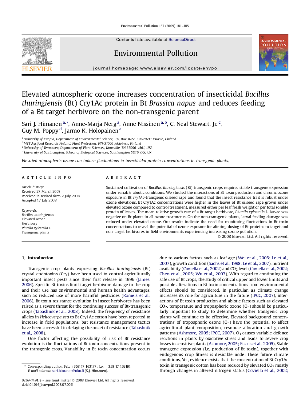 Elevated atmospheric ozone increases concentration of insecticidal Bacillus thuringiensis (Bt) Cry1Ac protein in Bt Brassica napus and reduces feeding of a Bt target herbivore on the non-transgenic parent