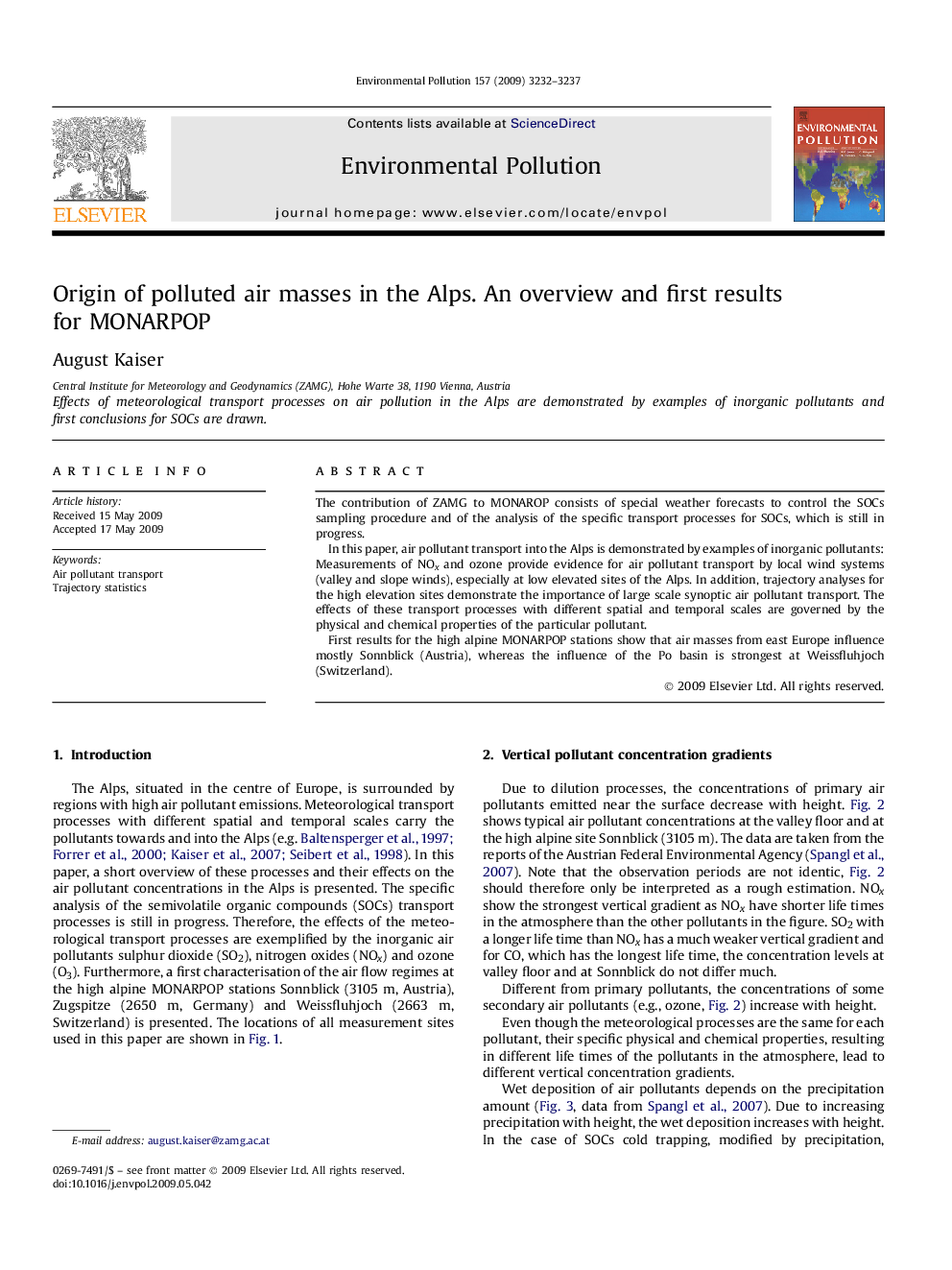 Origin of polluted air masses in the Alps. An overview and first results for MONARPOP