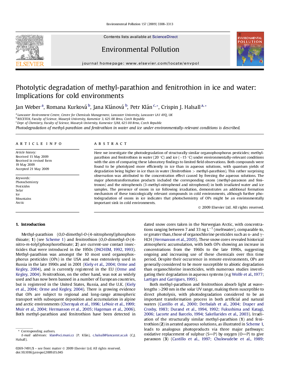 Photolytic degradation of methyl-parathion and fenitrothion in ice and water: Implications for cold environments