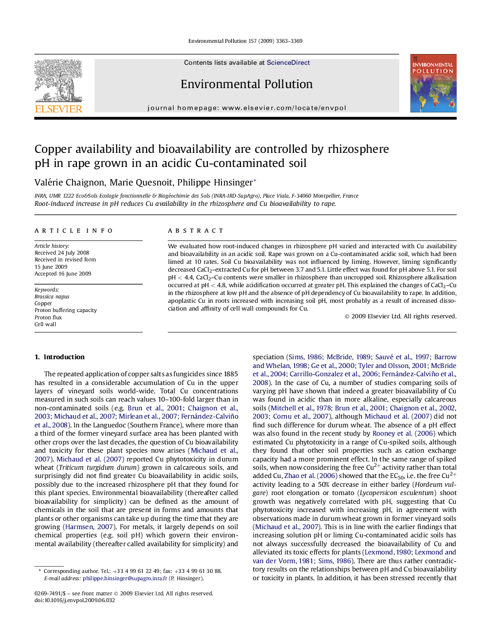 Copper availability and bioavailability are controlled by rhizosphere pH in rape grown in an acidic Cu-contaminated soil