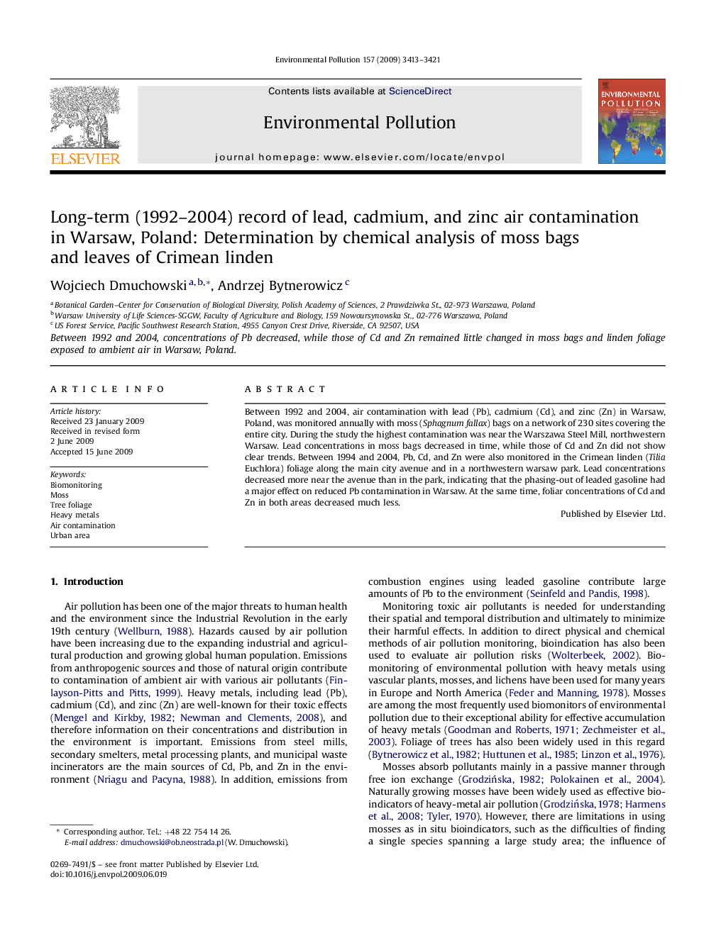 Long-term (1992–2004) record of lead, cadmium, and zinc air contamination in Warsaw, Poland: Determination by chemical analysis of moss bags and leaves of Crimean linden