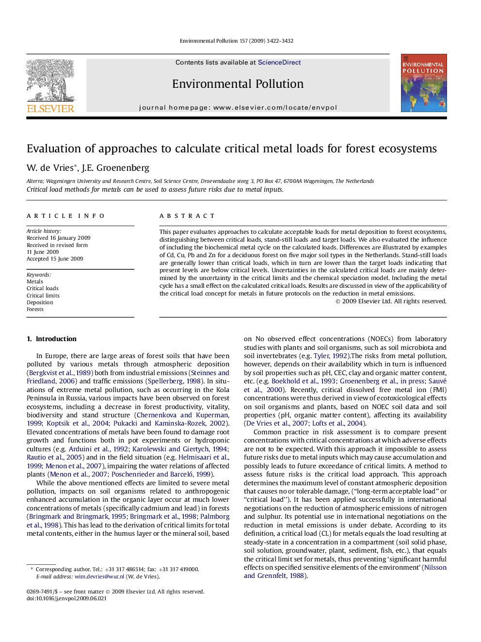 Evaluation of approaches to calculate critical metal loads for forest ecosystems