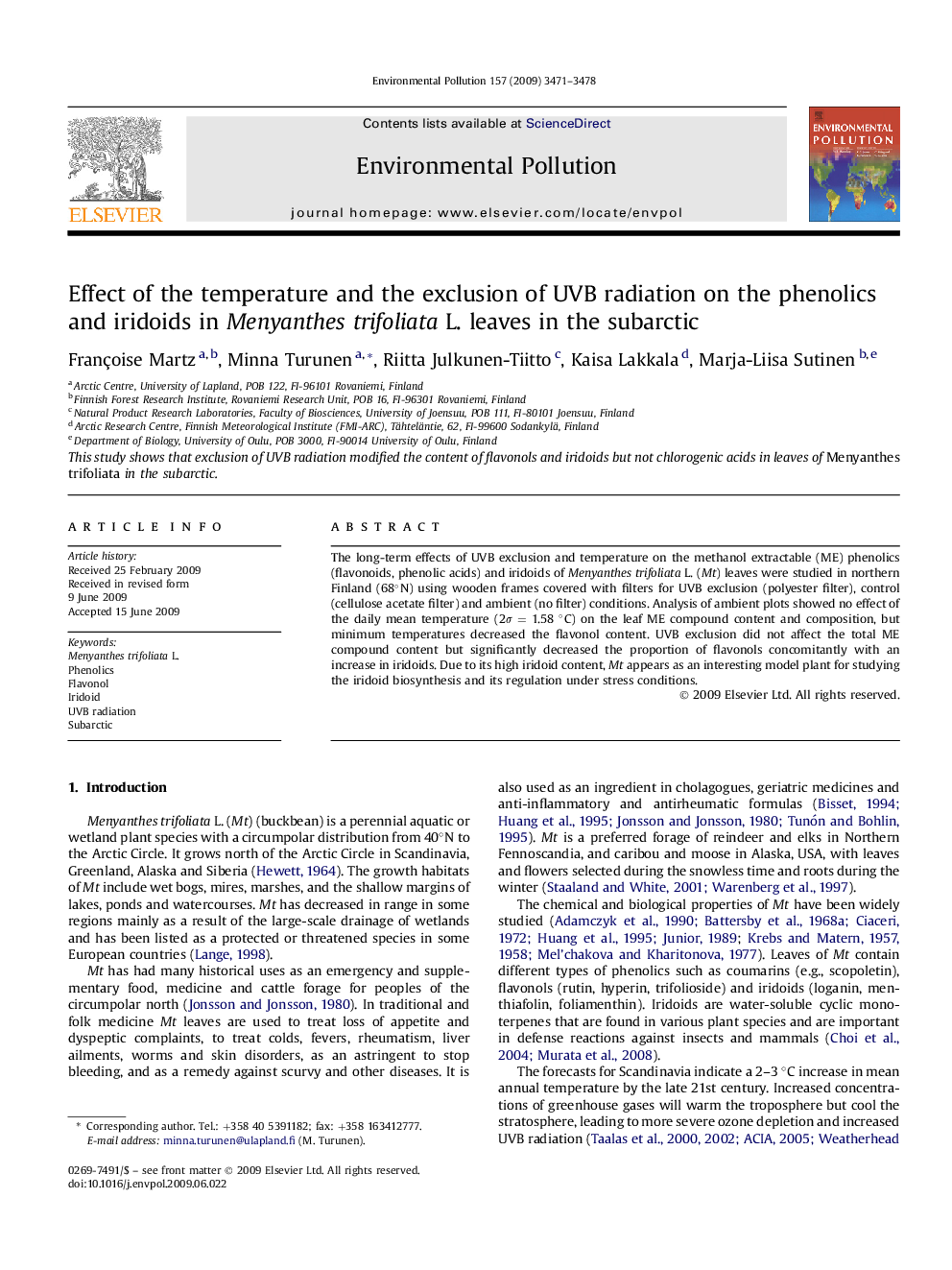 Effect of the temperature and the exclusion of UVB radiation on the phenolics and iridoids in Menyanthes trifoliata L. leaves in the subarctic