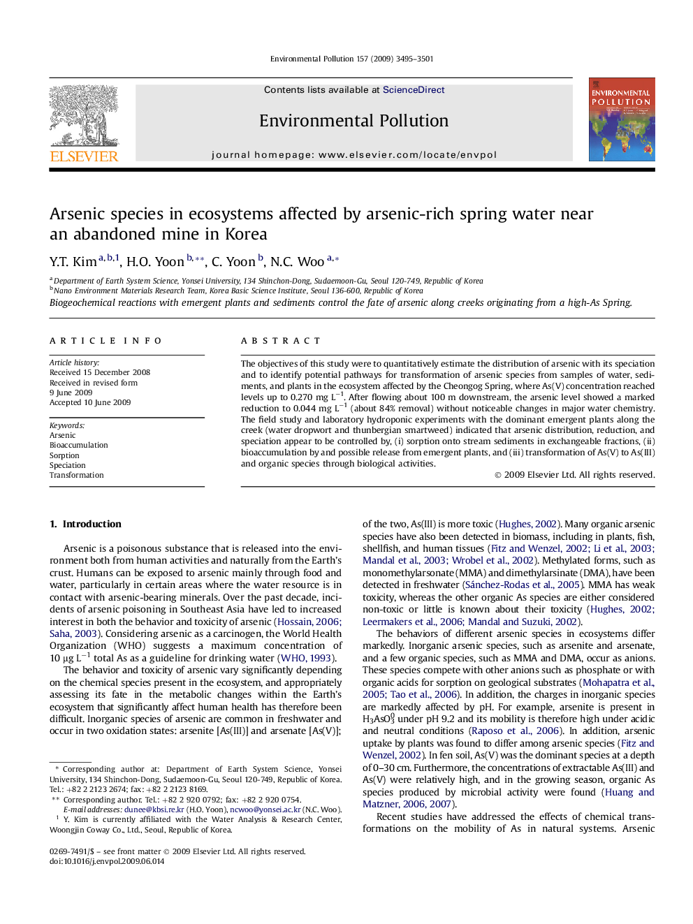 Arsenic species in ecosystems affected by arsenic-rich spring water near an abandoned mine in Korea