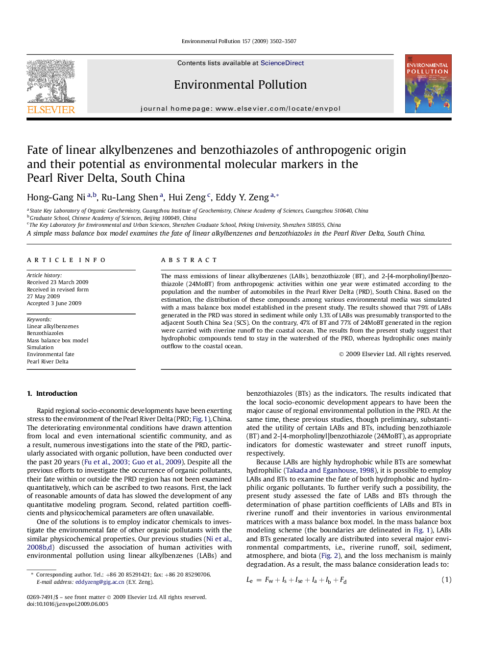 Fate of linear alkylbenzenes and benzothiazoles of anthropogenic origin and their potential as environmental molecular markers in the Pearl River Delta, South China