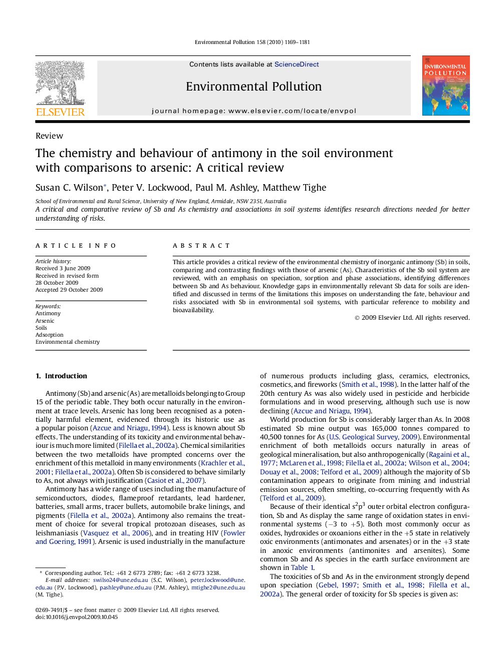 The chemistry and behaviour of antimony in the soil environment with comparisons to arsenic: A critical review