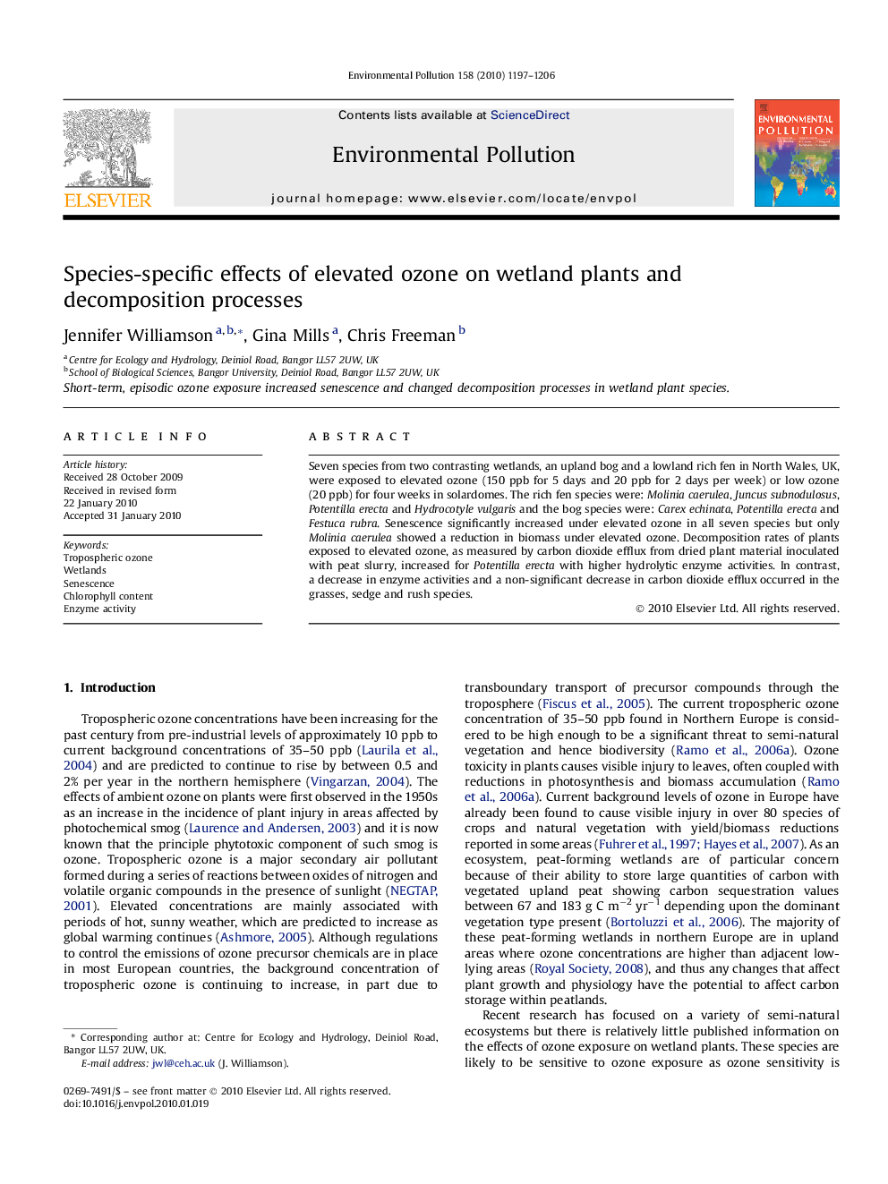 Species-specific effects of elevated ozone on wetland plants and decomposition processes