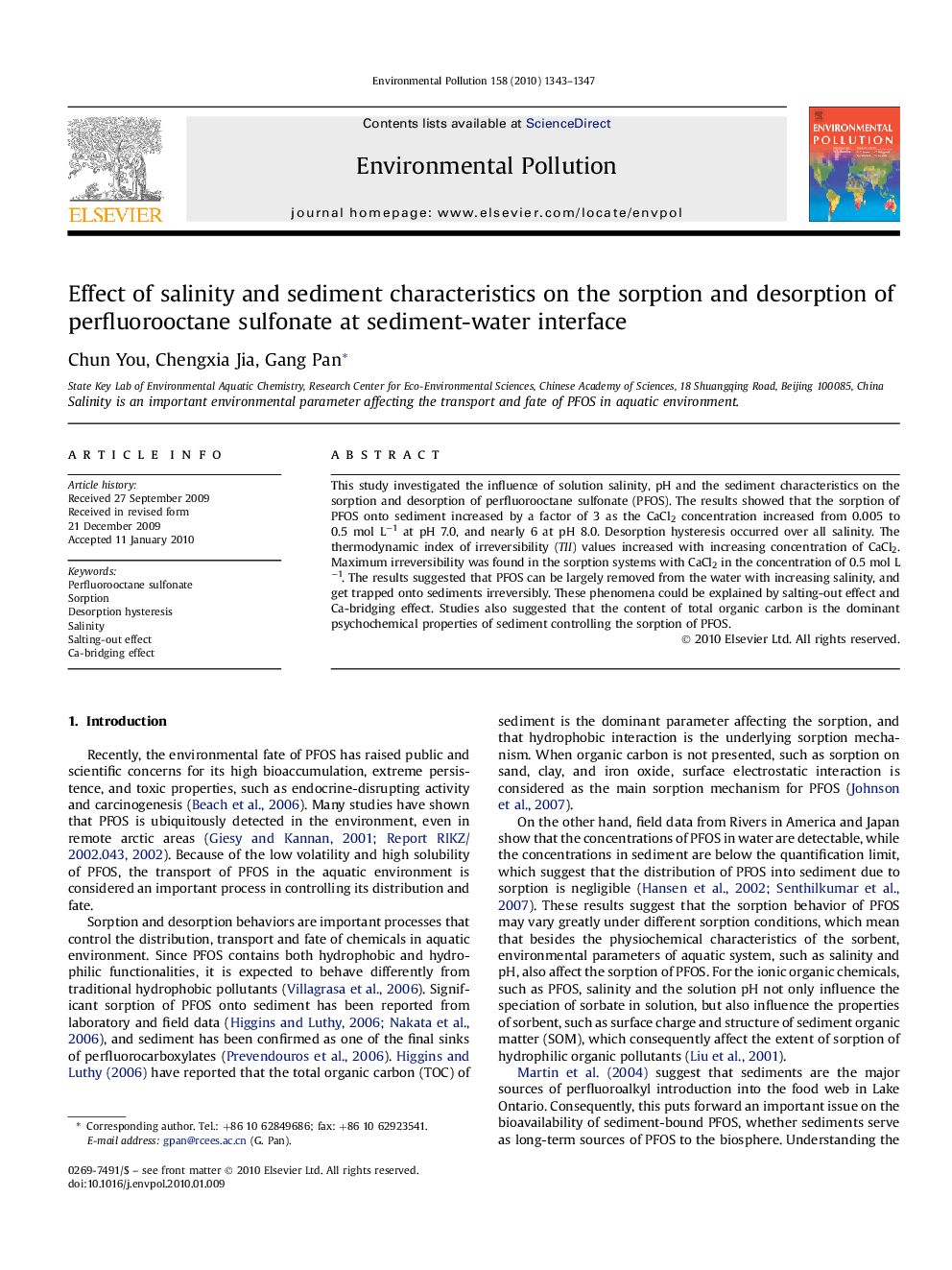 Effect of salinity and sediment characteristics on the sorption and desorption of perfluorooctane sulfonate at sediment-water interface