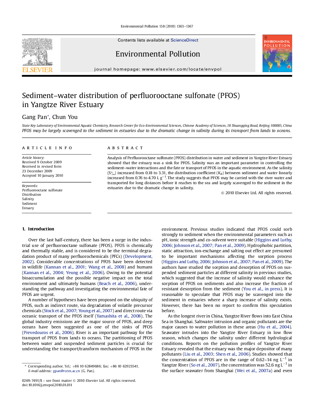 Sediment–water distribution of perfluorooctane sulfonate (PFOS) in Yangtze River Estuary