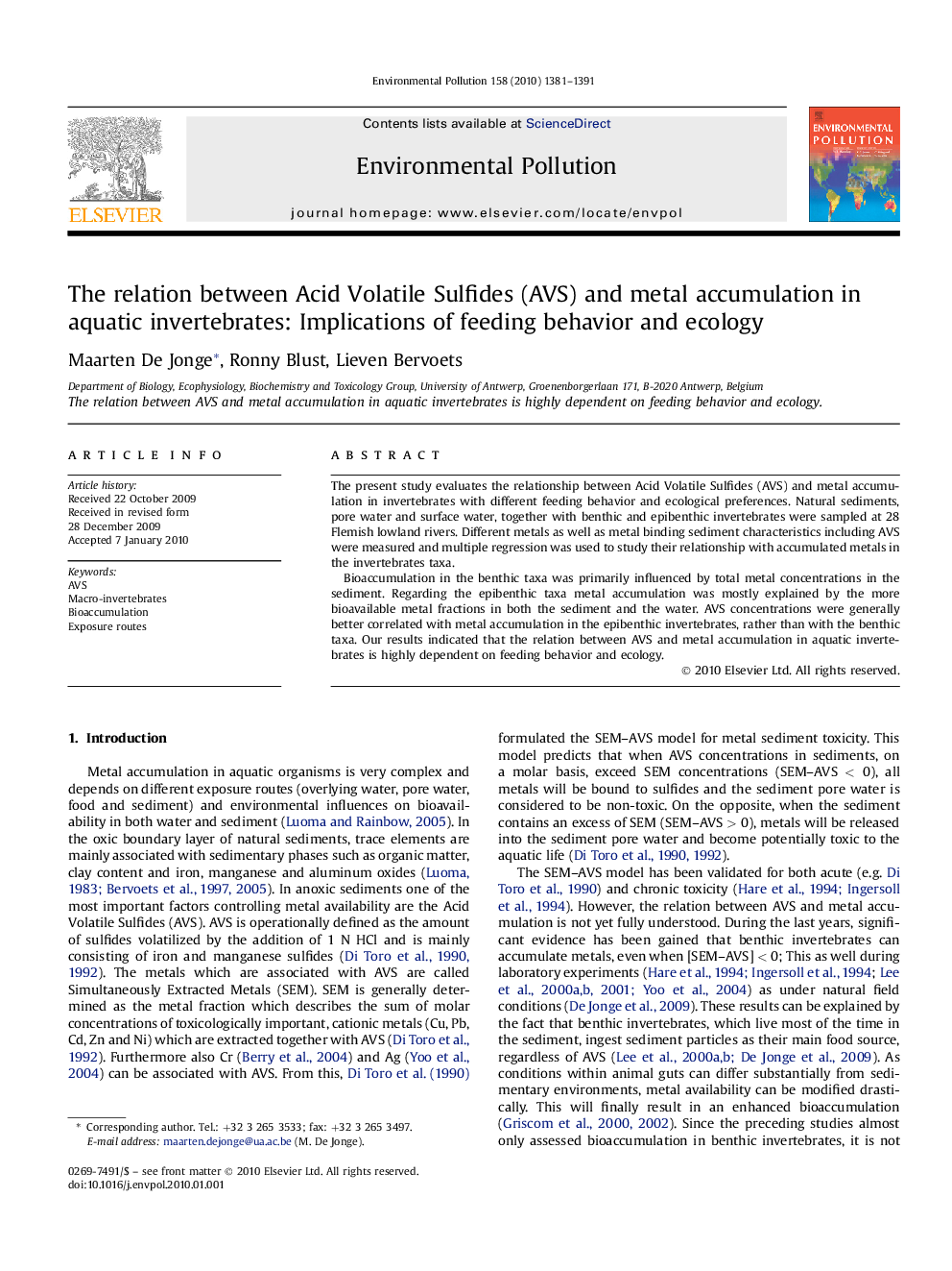 The relation between Acid Volatile Sulfides (AVS) and metal accumulation in aquatic invertebrates: Implications of feeding behavior and ecology