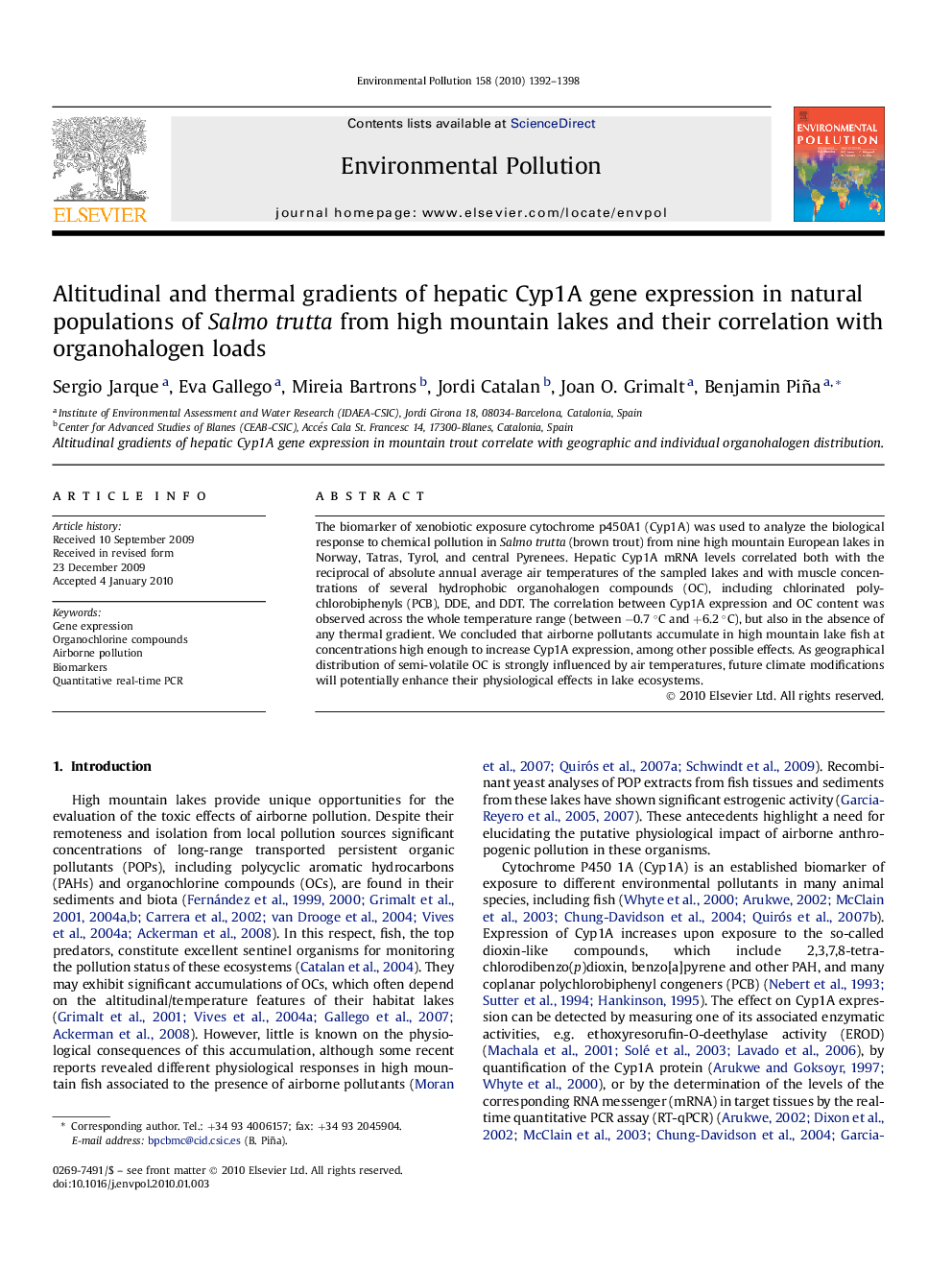 Altitudinal and thermal gradients of hepatic Cyp1A gene expression in natural populations of Salmo trutta from high mountain lakes and their correlation with organohalogen loads