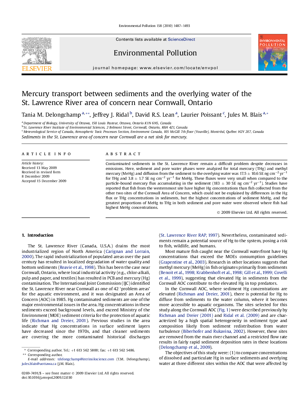 Mercury transport between sediments and the overlying water of the St. Lawrence River area of concern near Cornwall, Ontario