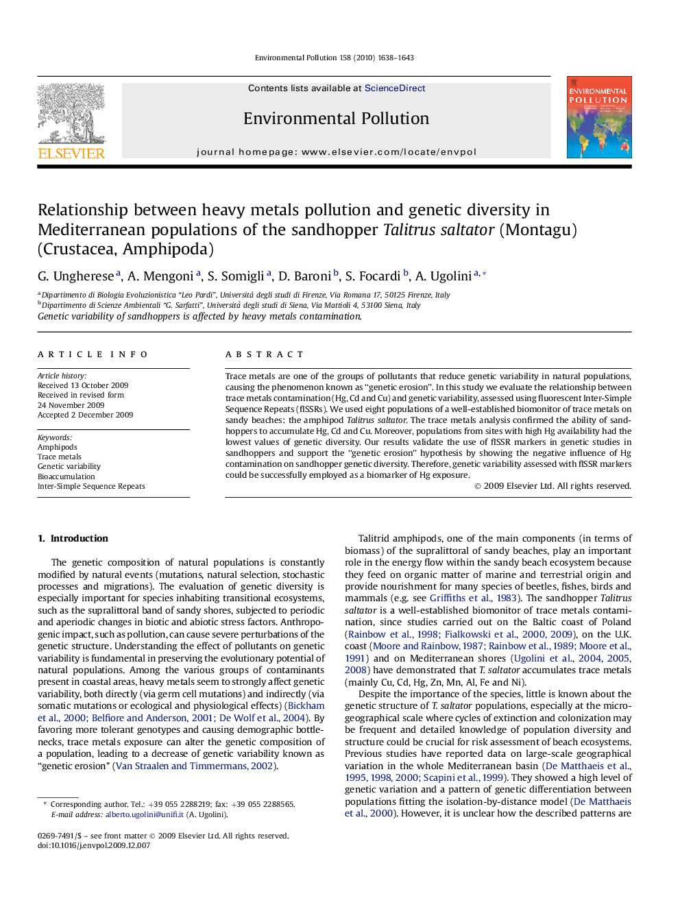 عکس صفحه اول مقاله: Relationship between heavy metals pollution and genetic diversity in Mediterranean populations of the sandhopper Talitrus saltator (Montagu) (Crustacea, Amphipoda) Relationship between heavy metals pollution and genetic diversity in Mediterranean populations of the sandhopper Talitrus saltator (Montagu) (Crustacea, Amphipoda)