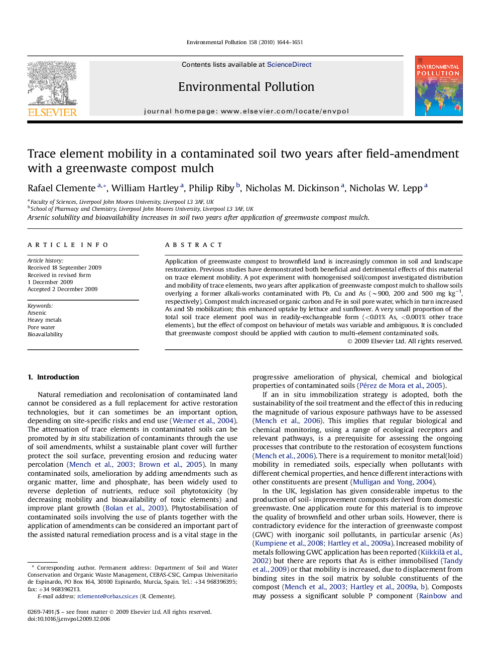 Trace element mobility in a contaminated soil two years after field-amendment with a greenwaste compost mulch