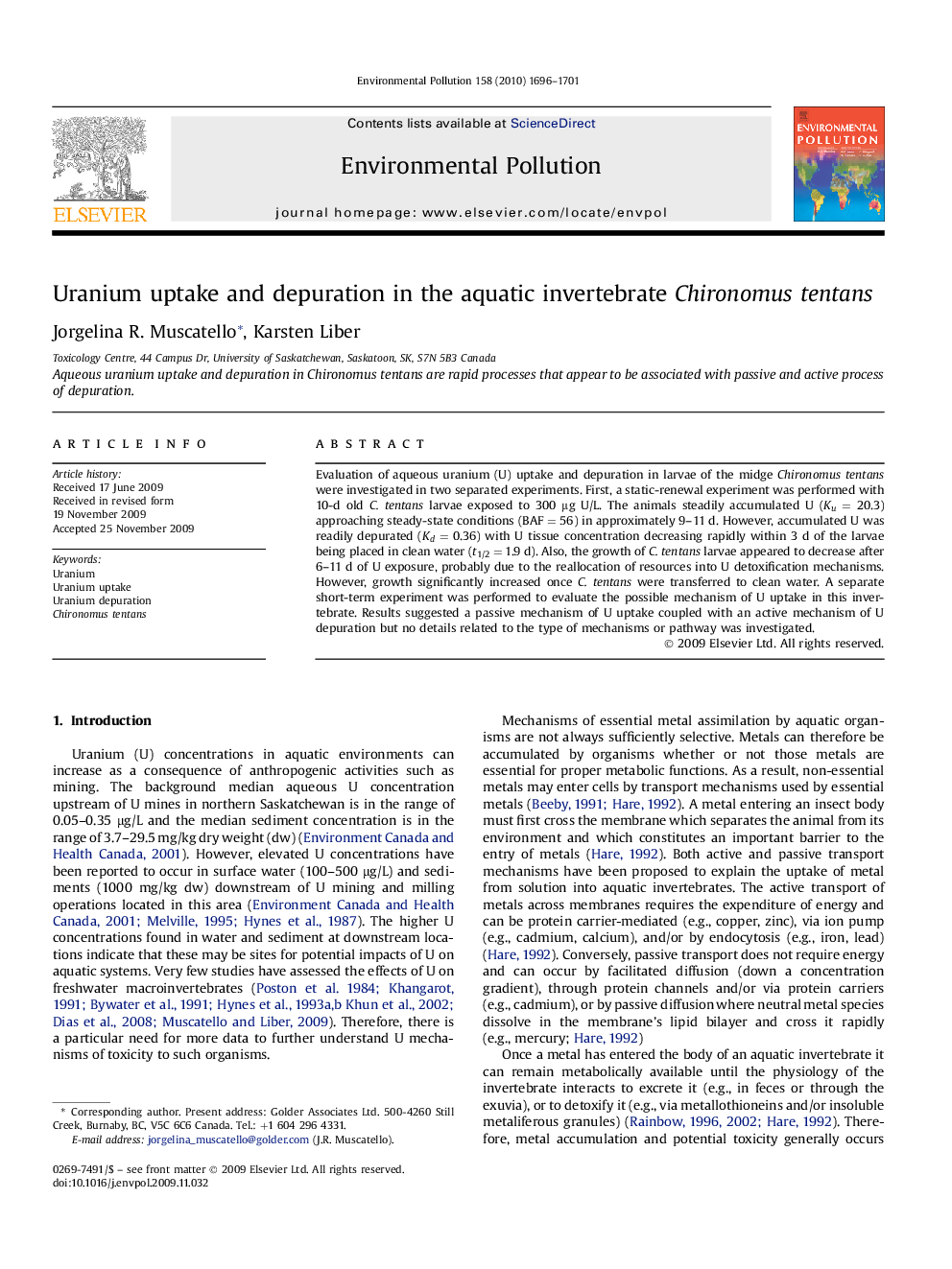 Uranium uptake and depuration in the aquatic invertebrate Chironomus tentans