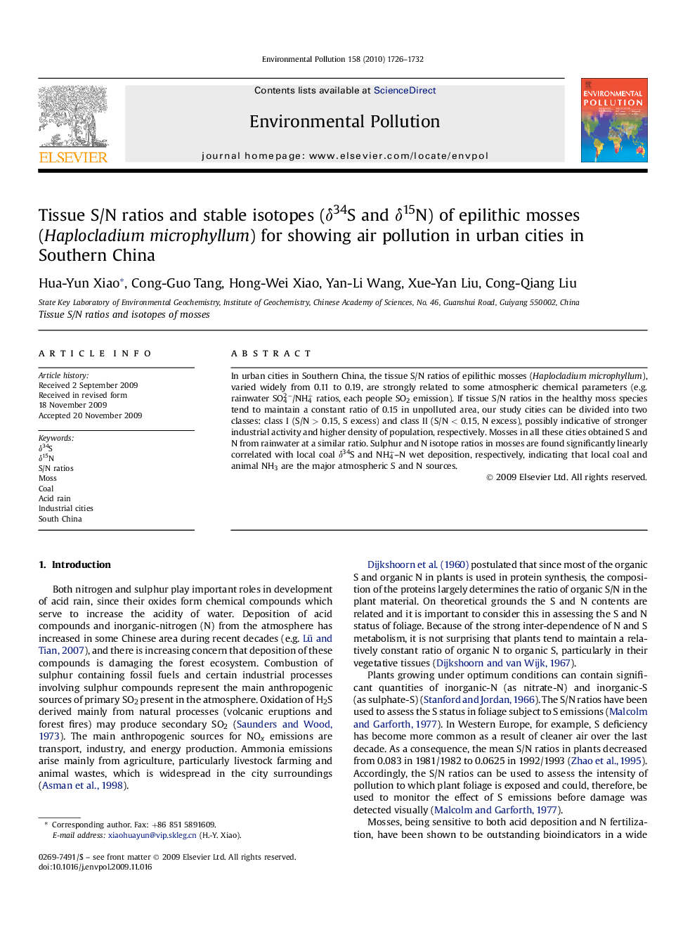 Tissue S/N ratios and stable isotopes (δ34S and δ15N) of epilithic mosses (Haplocladium microphyllum) for showing air pollution in urban cities in Southern China