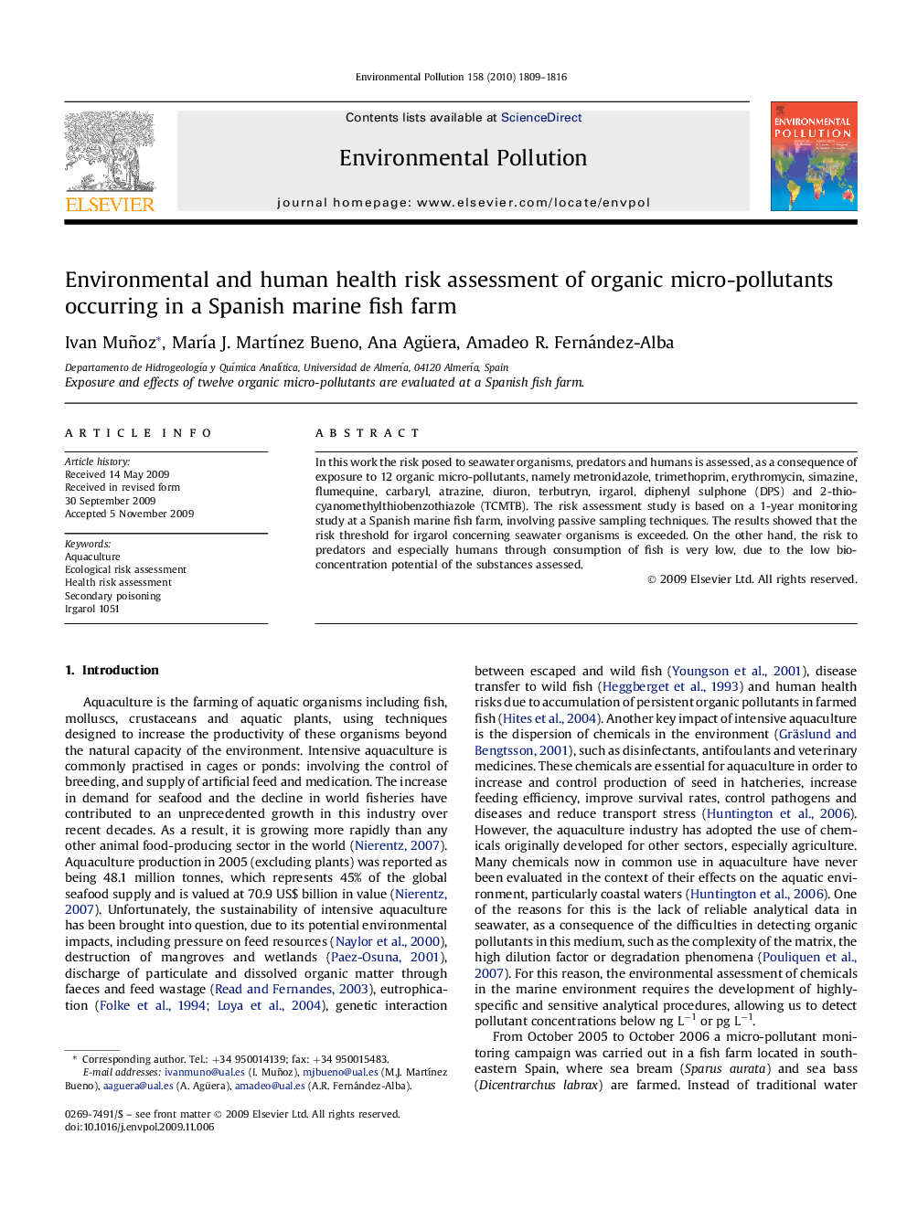 Environmental and human health risk assessment of organic micro-pollutants occurring in a Spanish marine fish farm