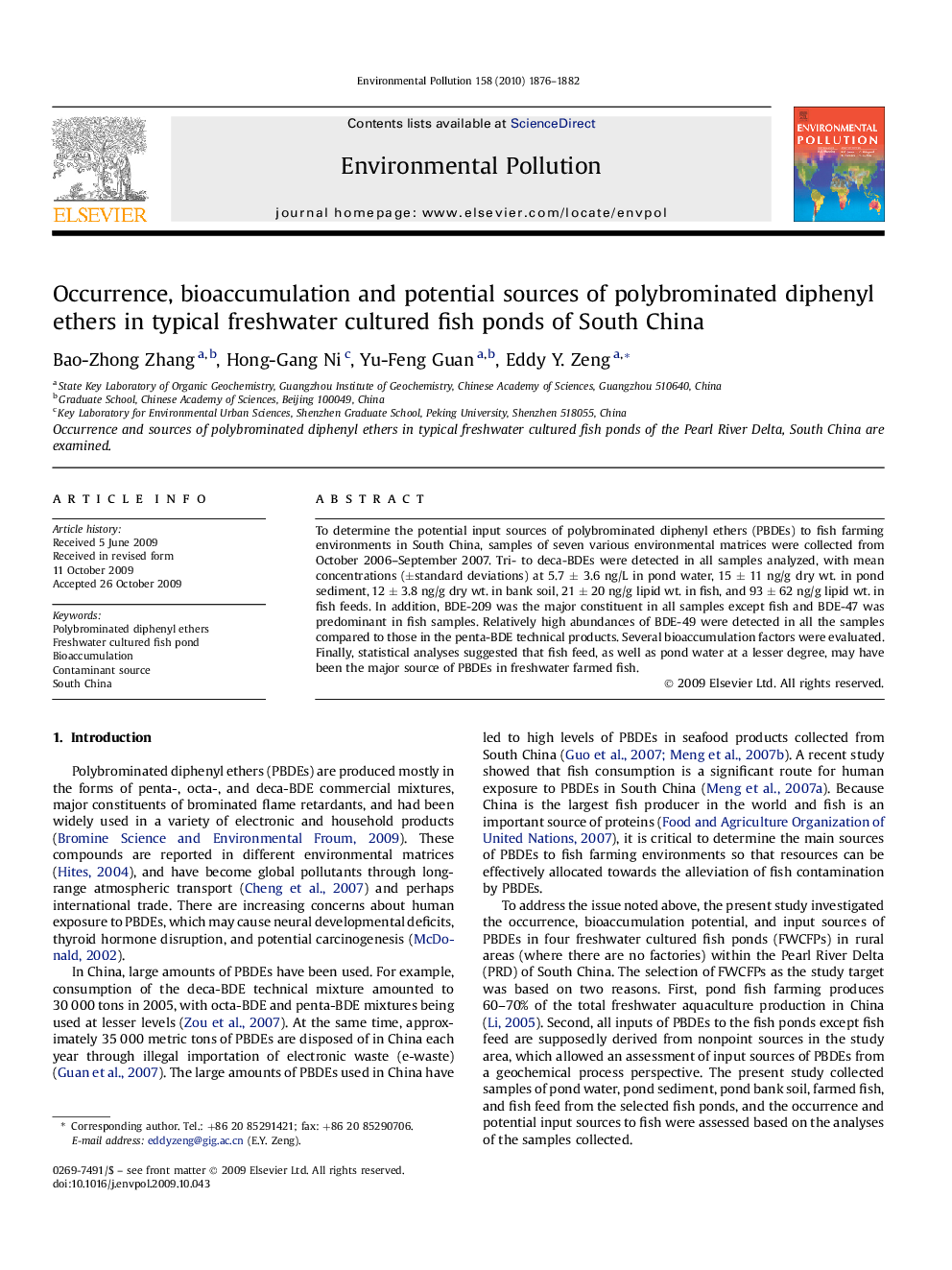 Occurrence, bioaccumulation and potential sources of polybrominated diphenyl ethers in typical freshwater cultured fish ponds of South China