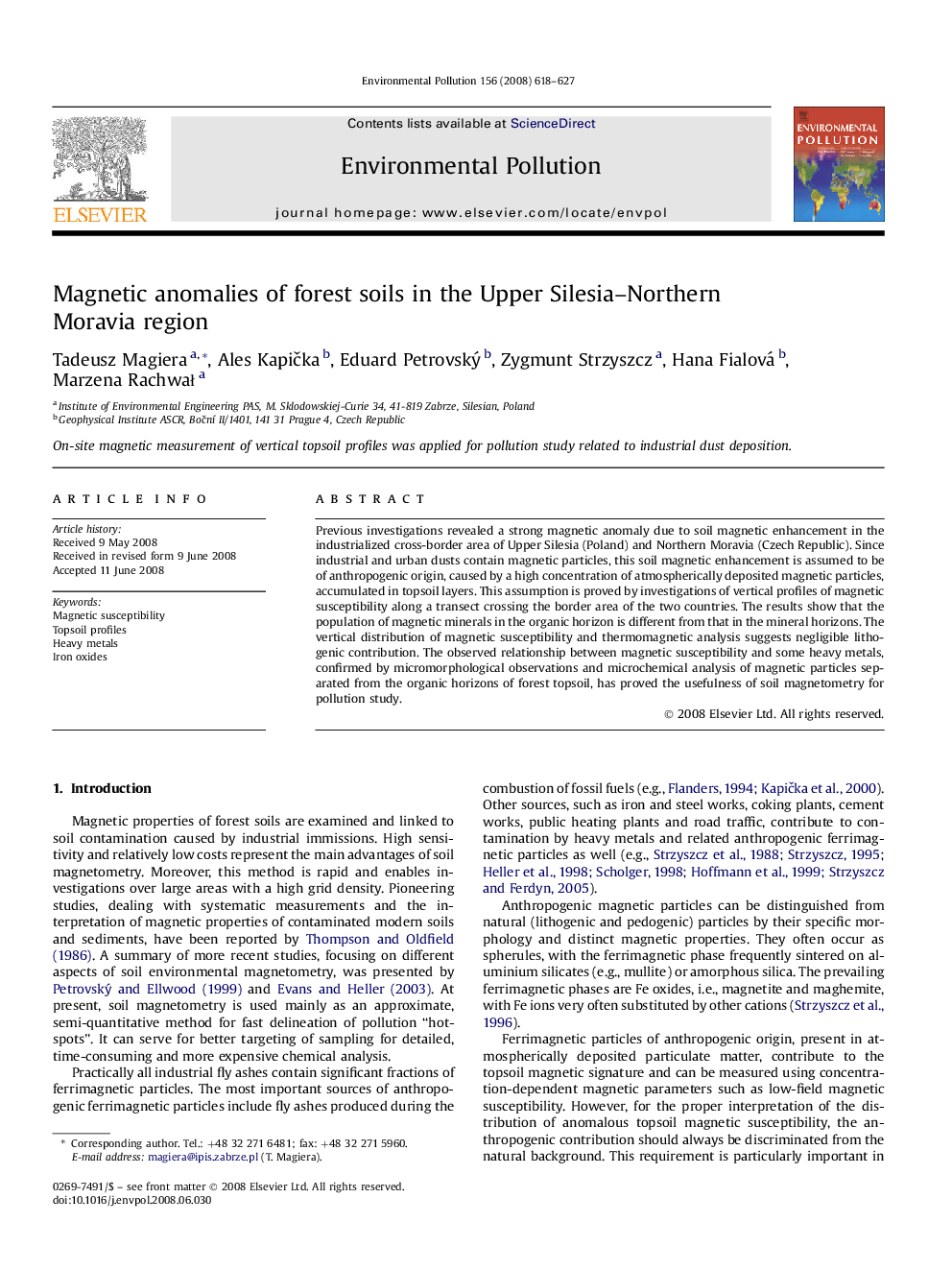 Magnetic anomalies of forest soils in the Upper Silesia–Northern Moravia region