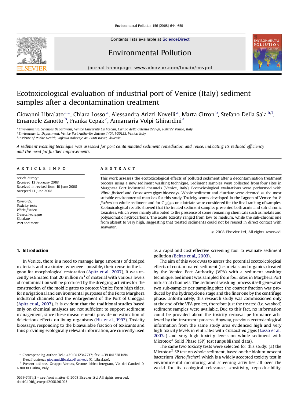 Ecotoxicological evaluation of industrial port of Venice (Italy) sediment samples after a decontamination treatment