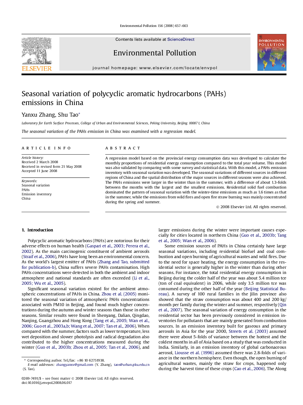 Seasonal variation of polycyclic aromatic hydrocarbons (PAHs) emissions in China