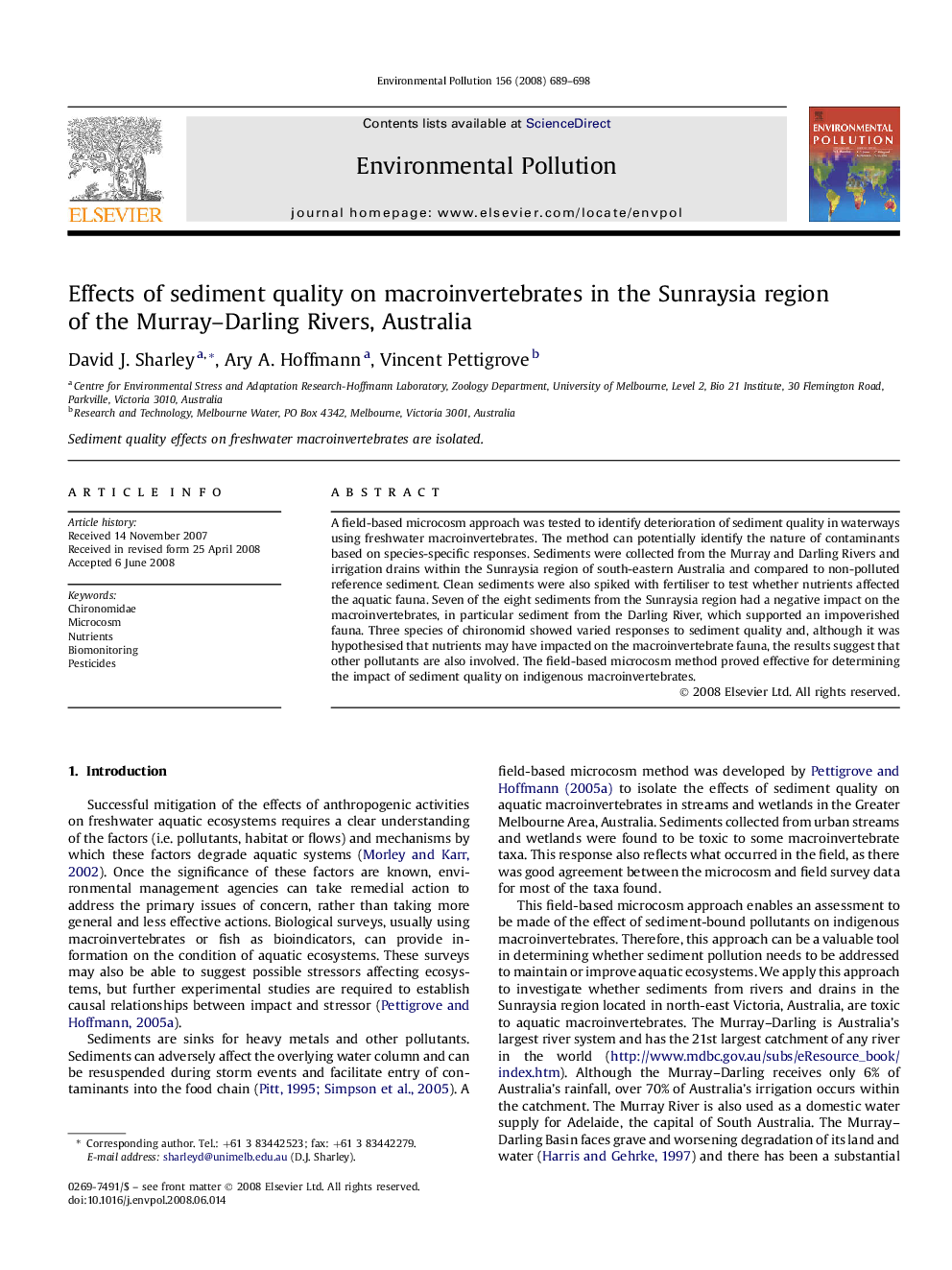 Effects of sediment quality on macroinvertebrates in the Sunraysia region of the Murray–Darling Rivers, Australia