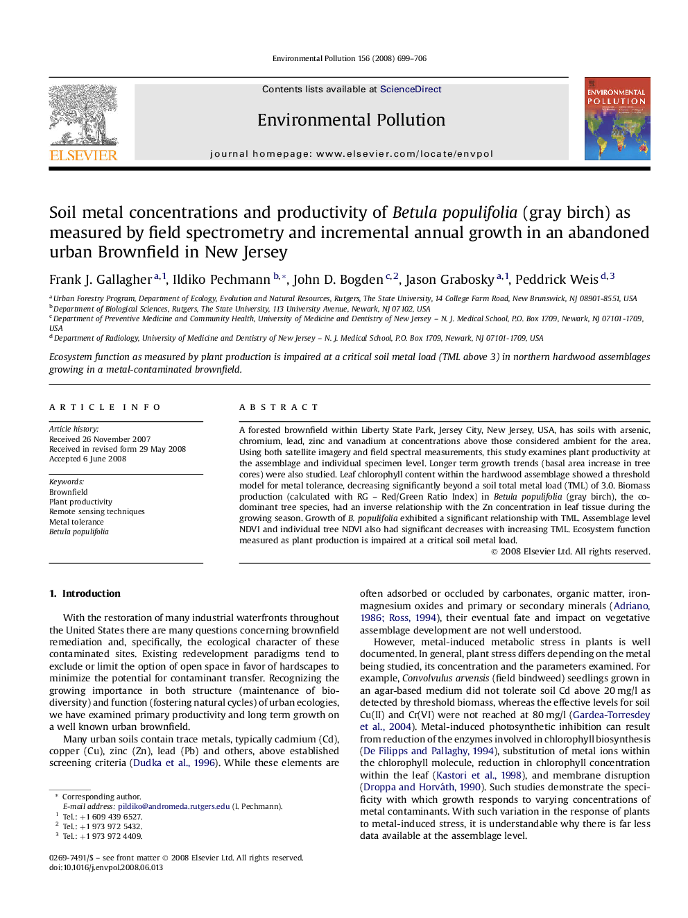 عکس صفحه اول مقاله: Soil metal concentrations and productivity of Betula populifolia (gray birch) as measured by field spectrometry and incremental annual growth in an abandoned urban Brownfield in New Jersey Soil metal concentrations and productivity of Betula populifolia (gray birch) as measured by field spectrometry and incremental annual growth in an abandoned urban Brownfield in New Jersey