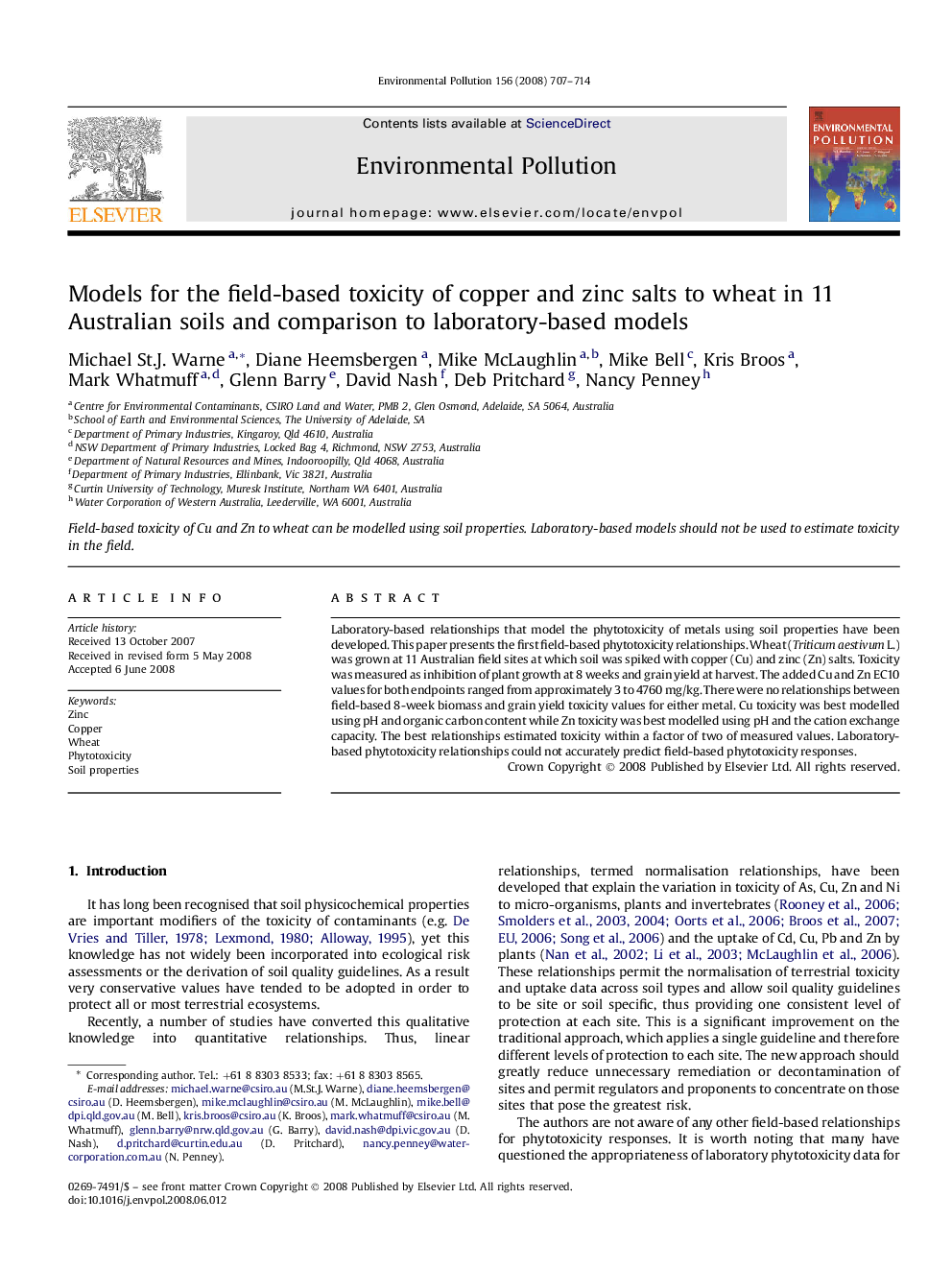 Models for the field-based toxicity of copper and zinc salts to wheat in 11 Australian soils and comparison to laboratory-based models