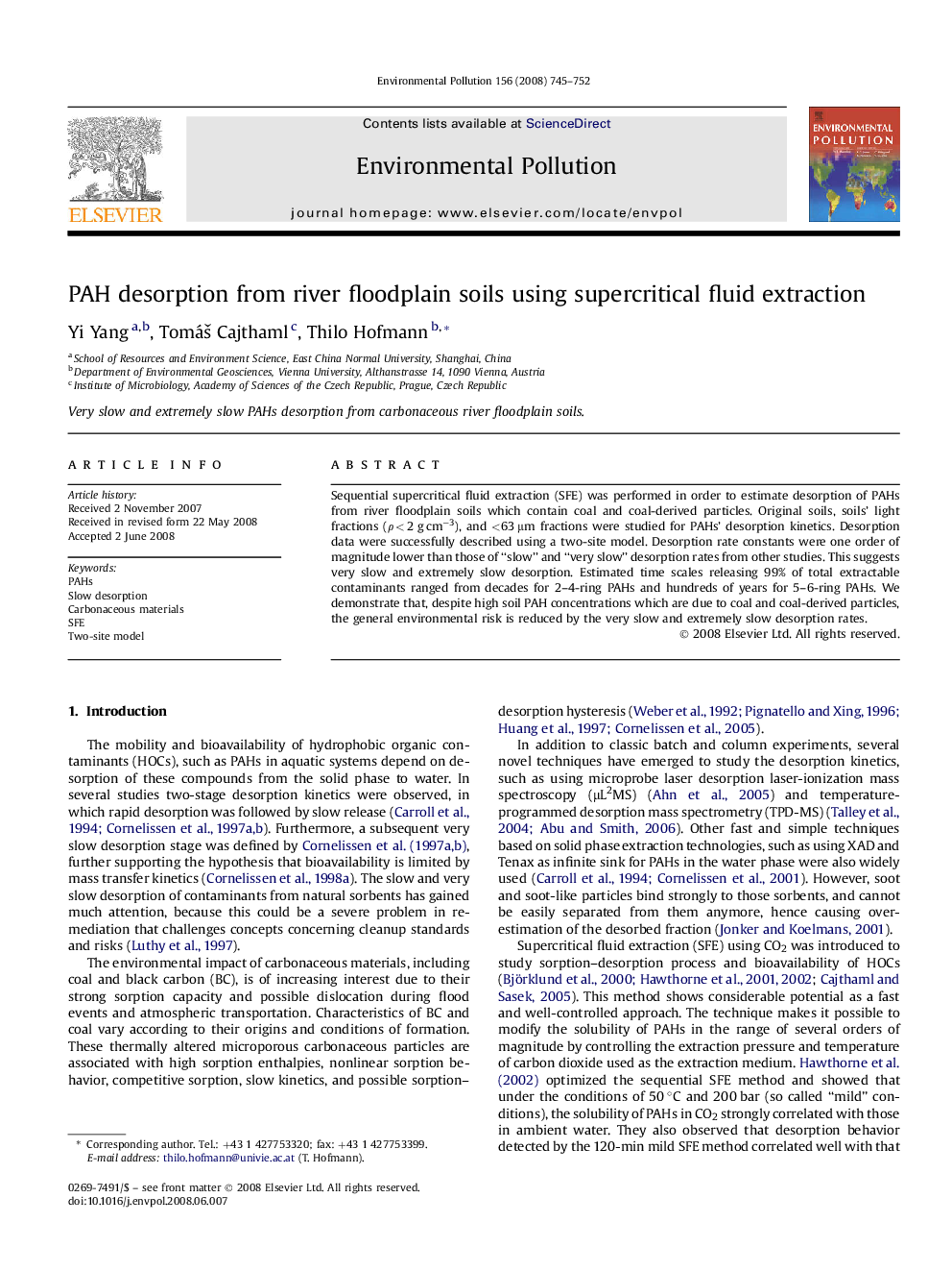 PAH desorption from river floodplain soils using supercritical fluid extraction