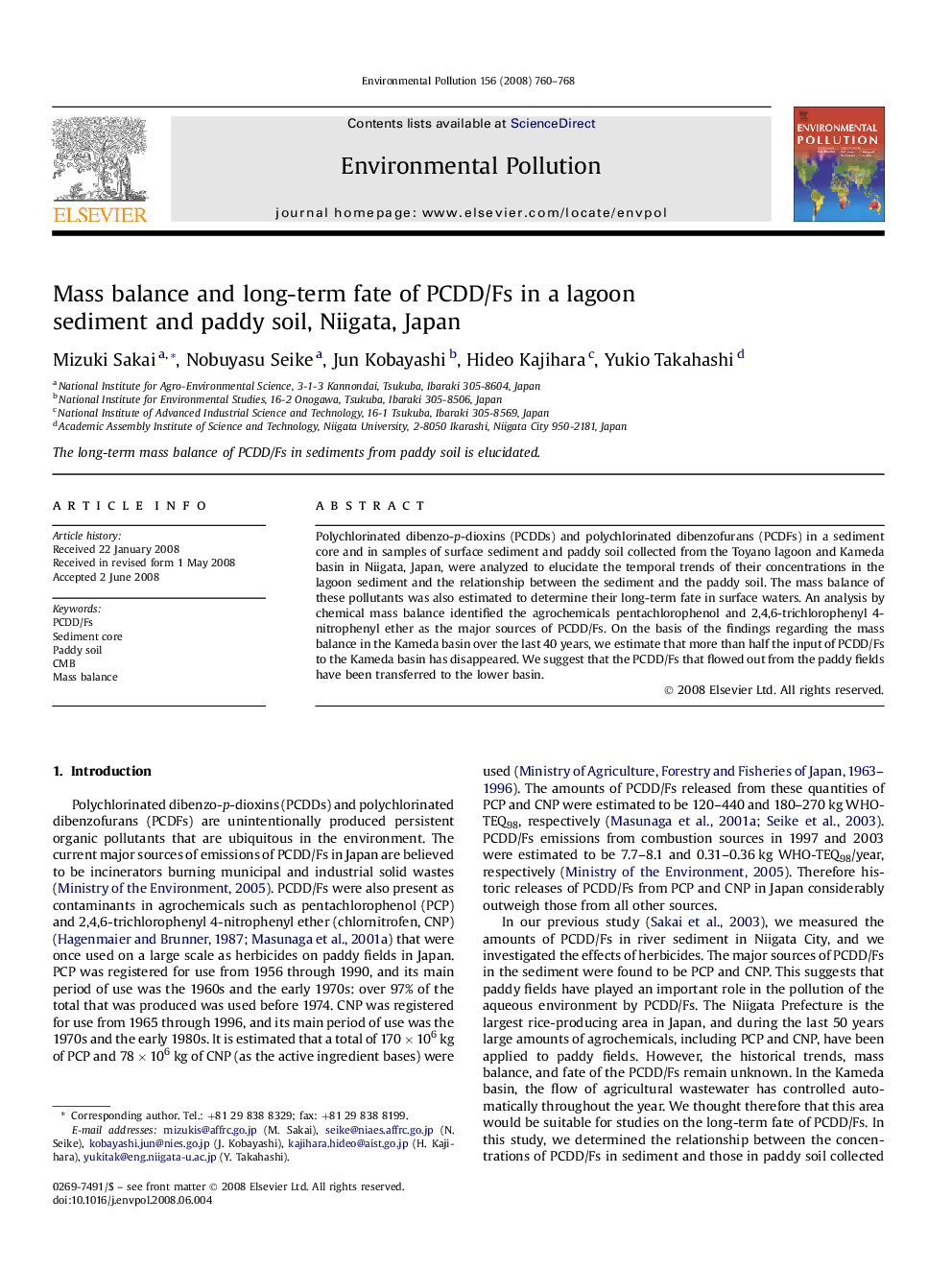 Mass balance and long-term fate of PCDD/Fs in a lagoon sediment and paddy soil, Niigata, Japan