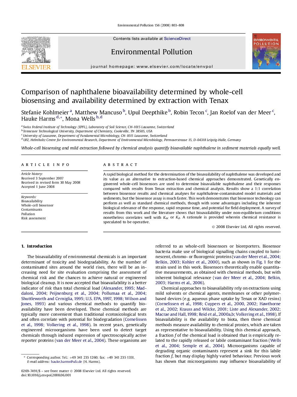 Comparison of naphthalene bioavailability determined by whole-cell biosensing and availability determined by extraction with Tenax