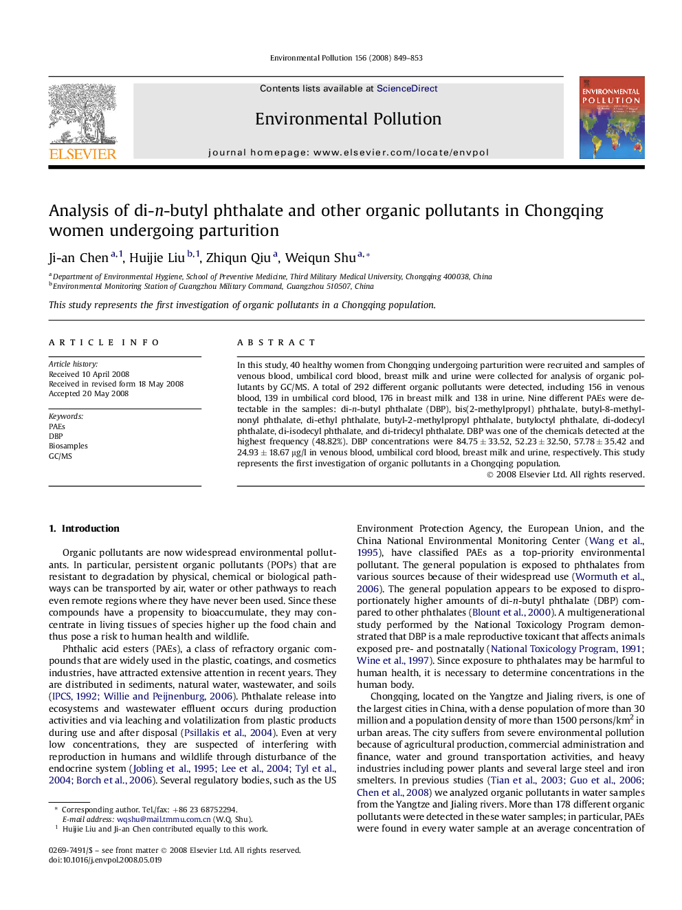 Analysis of di-n-butyl phthalate and other organic pollutants in Chongqing women undergoing parturition