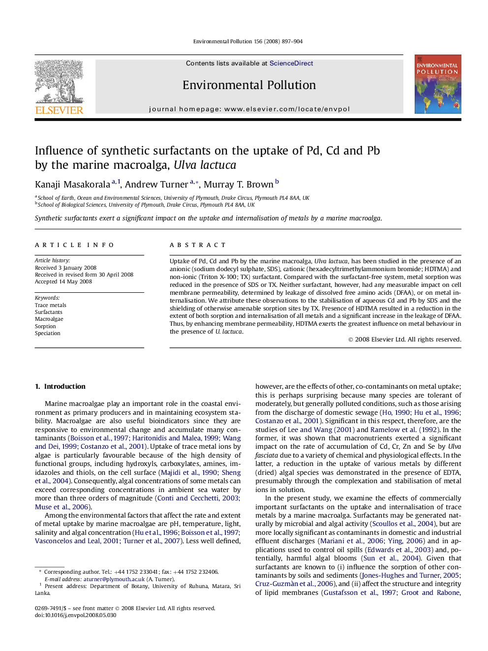 Influence of synthetic surfactants on the uptake of Pd, Cd and Pb by the marine macroalga, Ulva lactuca