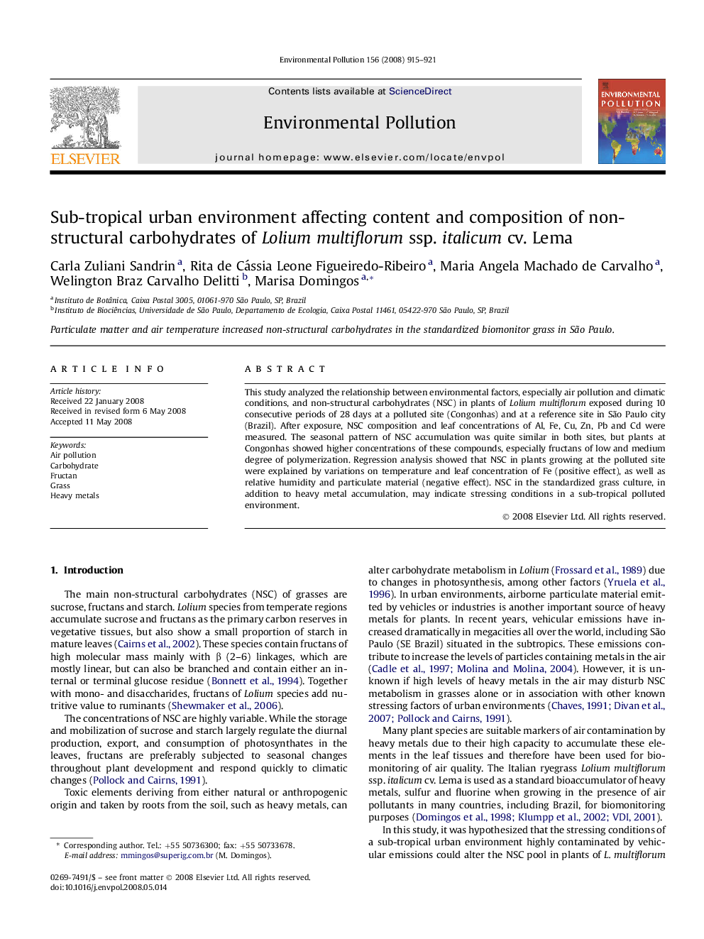 Sub-tropical urban environment affecting content and composition of non-structural carbohydrates of Lolium multiflorum ssp. italicum cv. Lema