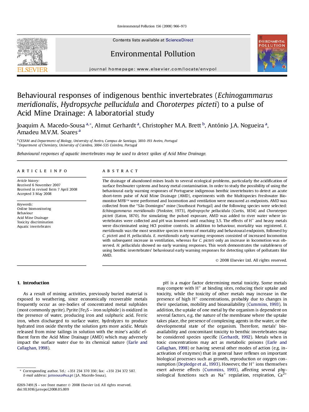 Behavioural responses of indigenous benthic invertebrates (Echinogammarus meridionalis, Hydropsyche pellucidula and Choroterpes picteti) to a pulse of Acid Mine Drainage: A laboratorial study