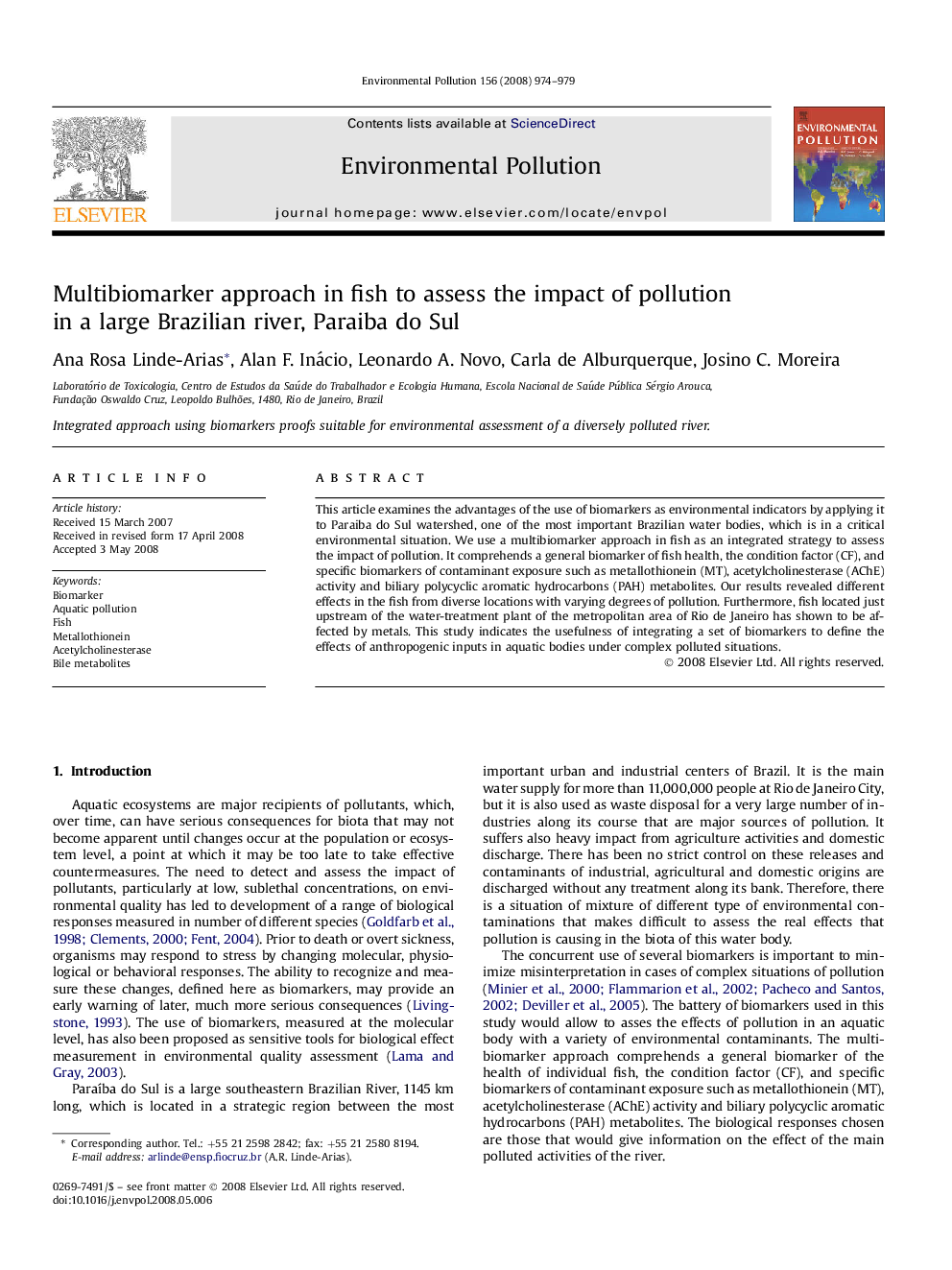 Multibiomarker approach in fish to assess the impact of pollution in a large Brazilian river, Paraiba do Sul