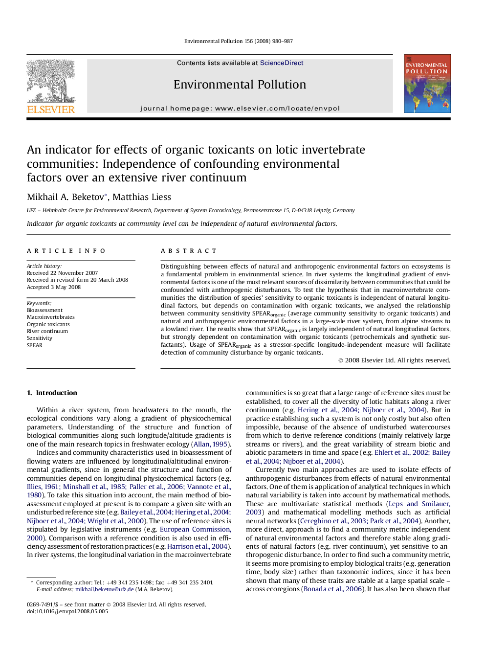 An indicator for effects of organic toxicants on lotic invertebrate communities: Independence of confounding environmental factors over an extensive river continuum