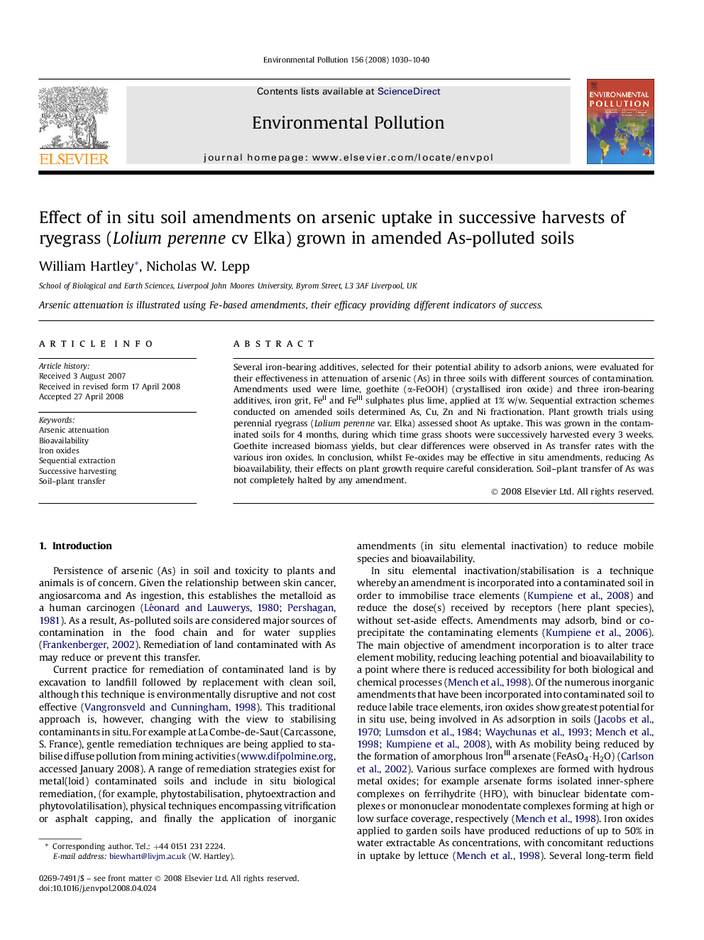 Effect of in situ soil amendments on arsenic uptake in successive harvests of ryegrass (Lolium perenne cv Elka) grown in amended As-polluted soils