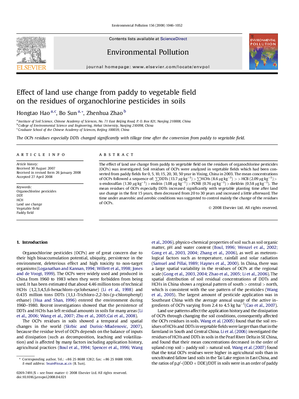 Effect of land use change from paddy to vegetable field on the residues of organochlorine pesticides in soils