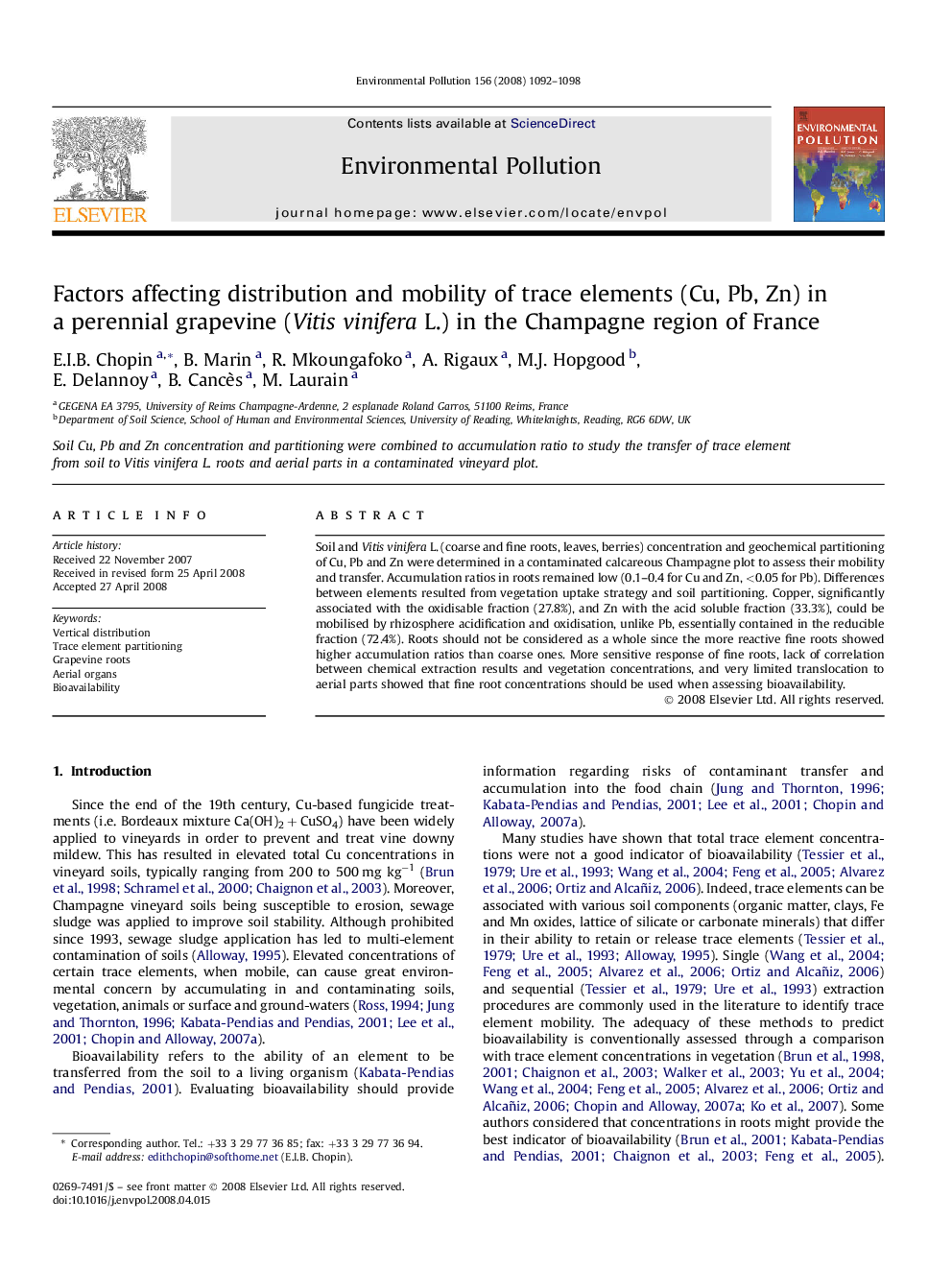 Factors affecting distribution and mobility of trace elements (Cu, Pb, Zn) in a perennial grapevine (Vitis vinifera L.) in the Champagne region of France