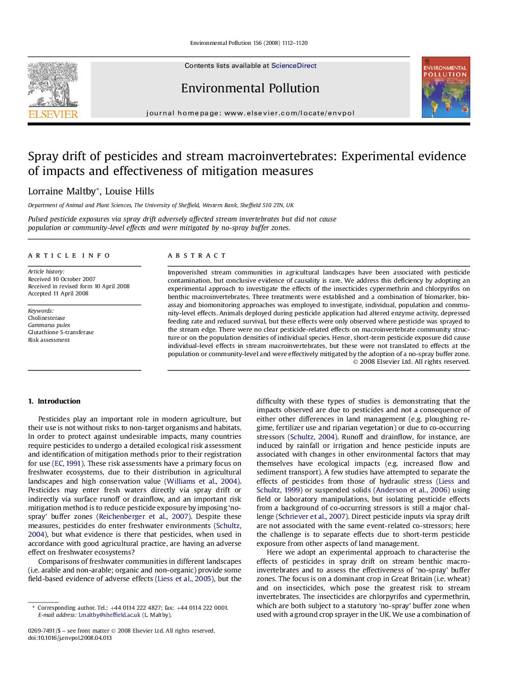 Spray drift of pesticides and stream macroinvertebrates: Experimental evidence of impacts and effectiveness of mitigation measures