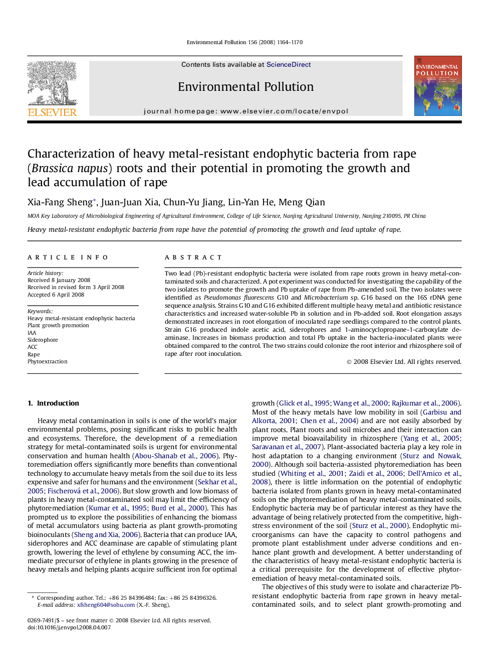 Characterization of heavy metal-resistant endophytic bacteria from rape (Brassica napus) roots and their potential in promoting the growth and lead accumulation of rape