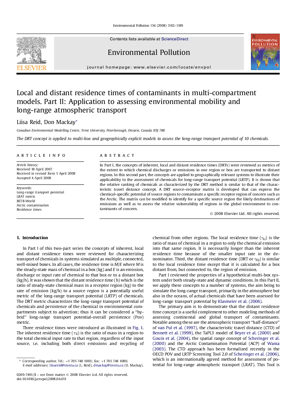 Local and distant residence times of contaminants in multi-compartment models. Part II: Application to assessing environmental mobility and long-range atmospheric transport